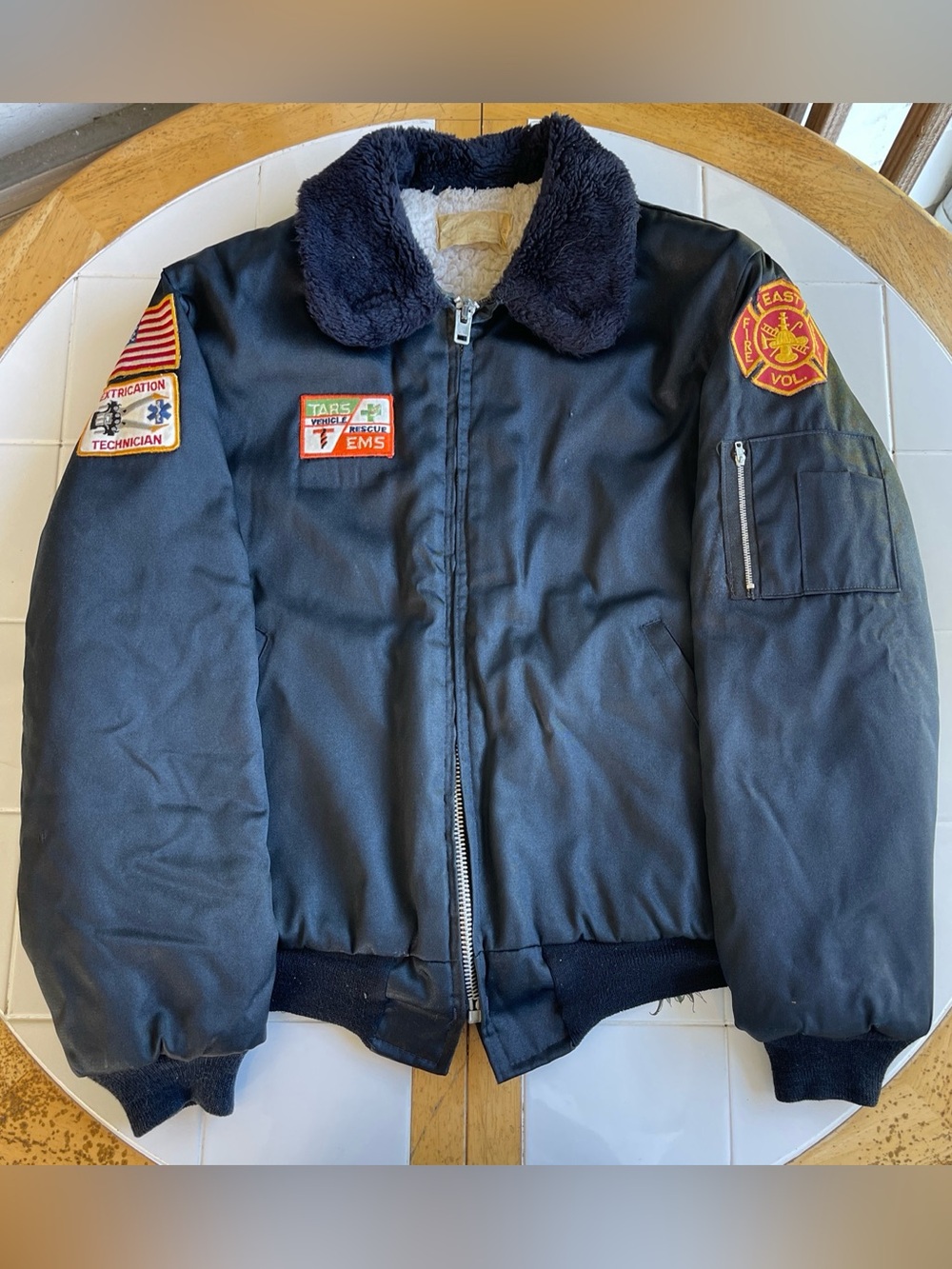 Vintage Bomber Jacket M Fireman Patches Sherpa Lined Collar SIMCO Zip 70s Retro